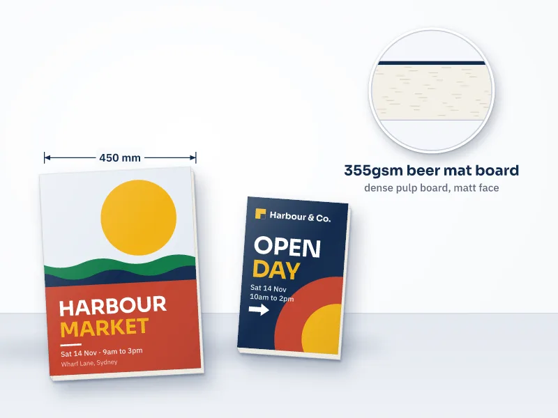 Illustration of 450 by 600 mm and 300 by 450 mm beer mat board signs standing on a floor, with a close-up of the thick cream pulp board edge