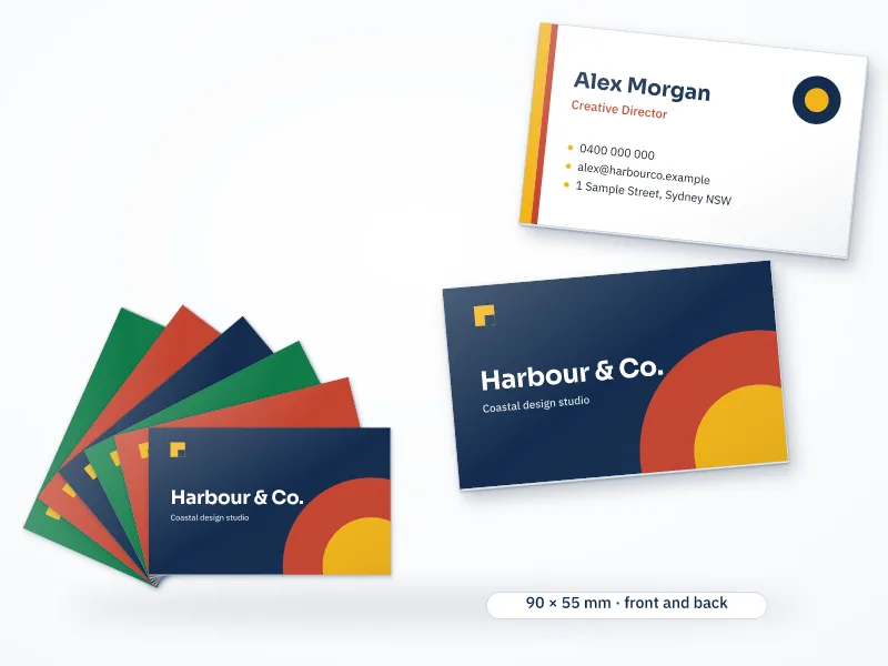 Illustration of a fan of business cards with a printed front and back, 90 by 55 mm