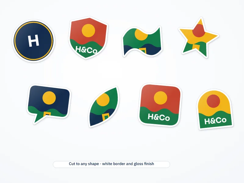 Illustration of eight die-cut stickers in different shapes: circle, shield, wave, star, speech bubble, leaf, rounded square and arch