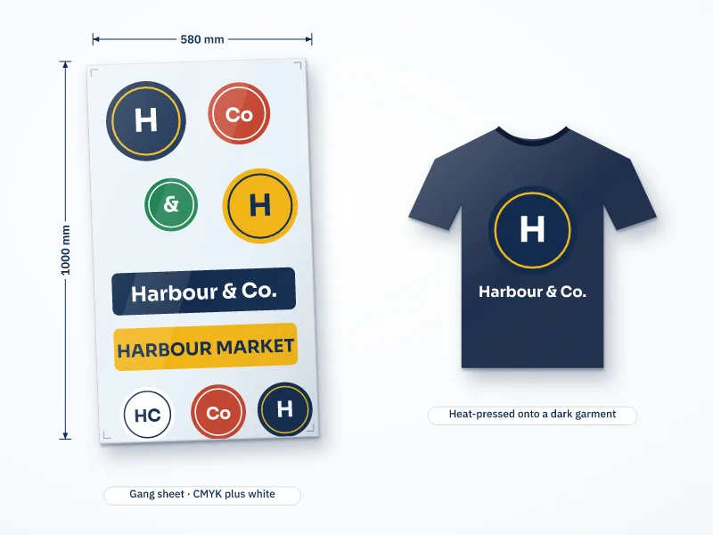 Illustration of a 580 by 1000 mm clear DTF transfer film gang sheet filled with printed designs, and a dark t-shirt with a transfer pressed onto the chest