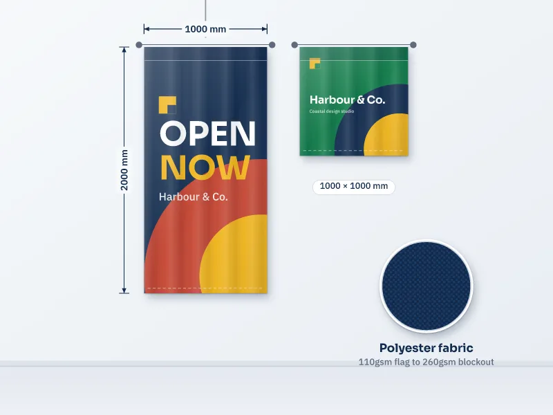 Illustration of a 1000 by 2000 mm printed fabric banner and a 1000 by 1000 mm banner hung from rods with pole pockets, and a close-up of the woven polyester fabric