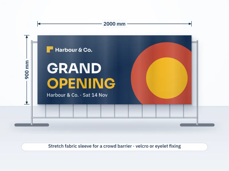 Illustration of a 2000 by 900 mm stretch fabric banner fitted over a crowd control barrier