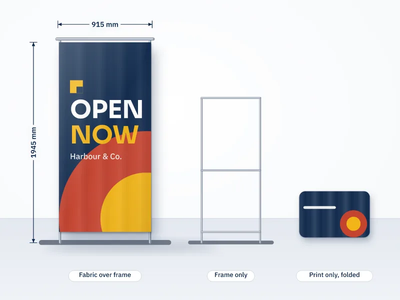 Illustration of a 915 by 1945 mm tension fabric display stand, a bare aluminium frame, and a folded printed fabric graphic