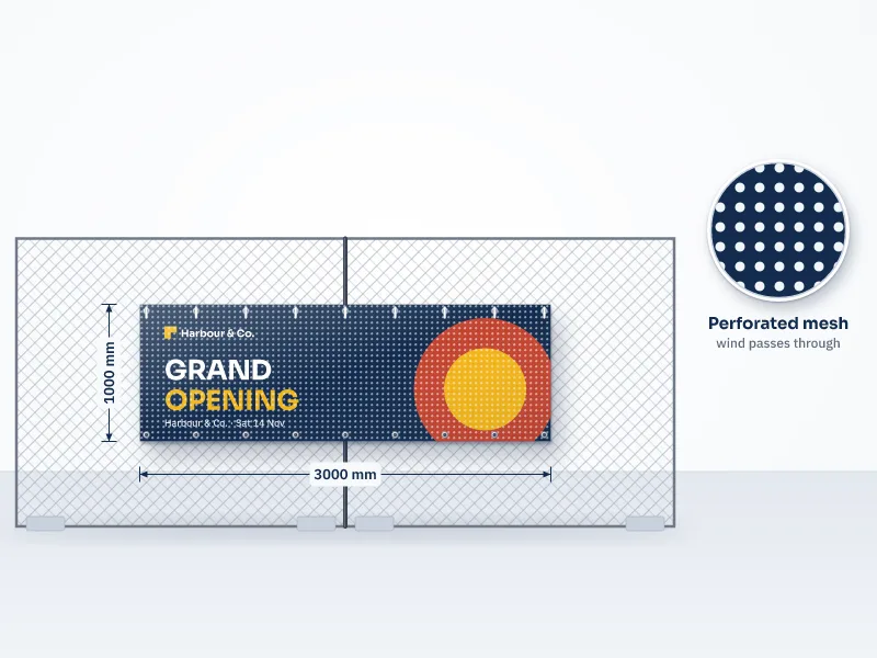Illustration of a 3000 by 1000 mm perforated mesh banner tied to temporary fence panels with eyelets and cable ties, and a close-up of the perforations
