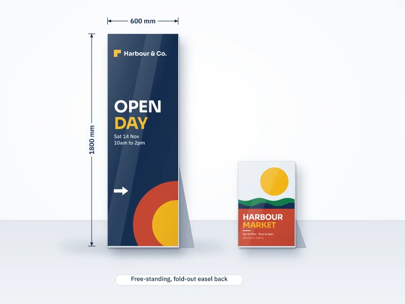 Illustration of a 600 by 1800 mm floor standee and a smaller 600 by 900 mm standee, each held up by a fold-out easel back