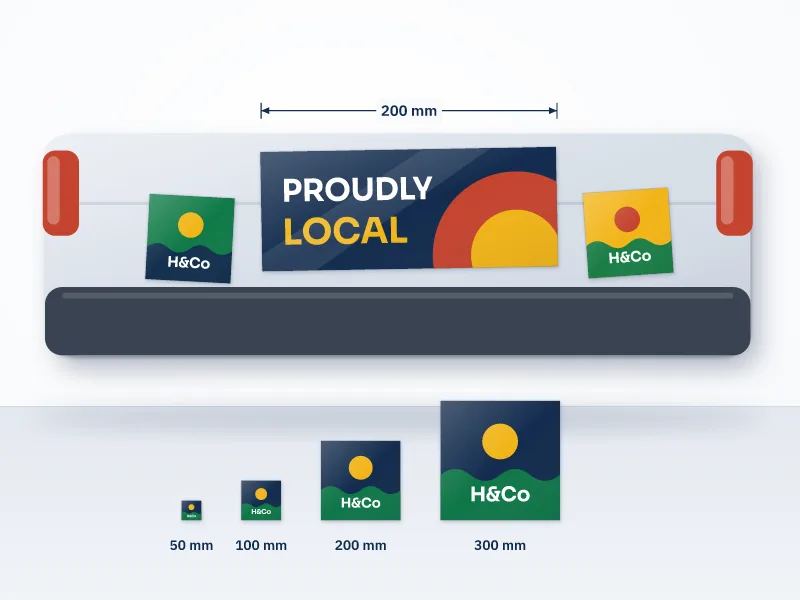 Illustration of a 200 by 100 mm bumper sticker and two small stickers on the rear bumper of a plain car, with a row of 50, 100, 200 and 300 mm sizes