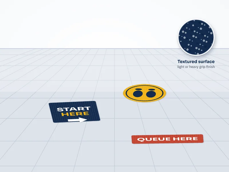 Illustration of textured anti-slip floor stickers on a tiled floor: a square start-here sticker, a round footprint sticker and a queue-here strip, with a close-up of the grip texture