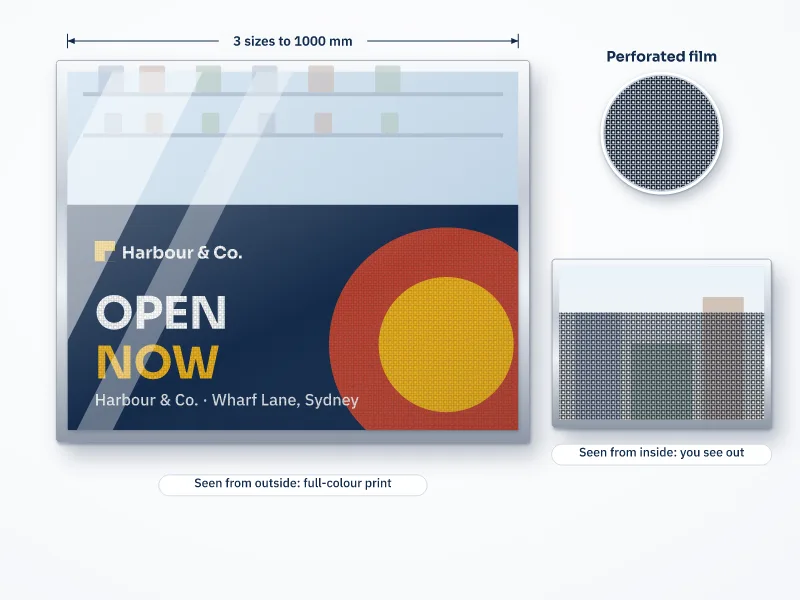 Illustration of a shopfront window with a full-colour one-way vision perforated film on the lower half, and an inside view showing the street visible through the perforations