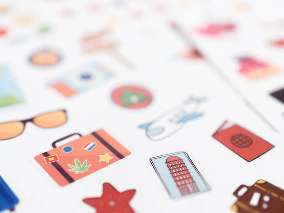 Close-up of travel themed sticker sheets