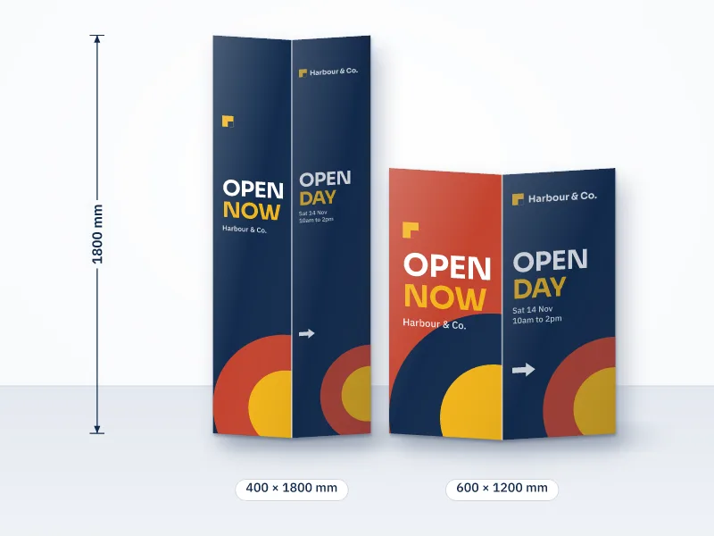 Illustration of two free-standing triangular prism signs, 400 by 1800 mm and 600 by 1200 mm, each printed on three faces