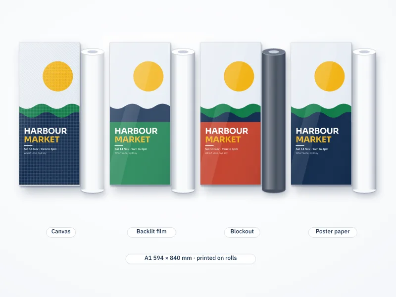 Illustration of four A1 prints beside their rolls: canvas, backlit film, blockout and poster paper