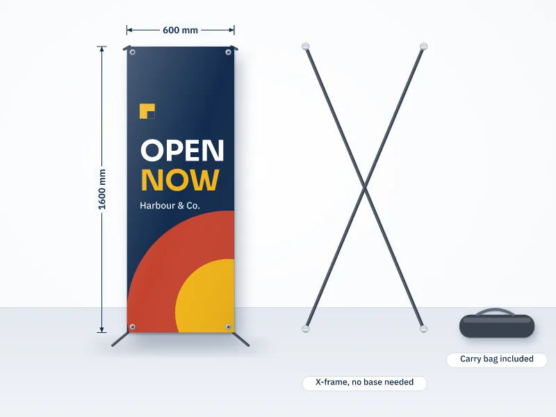 Illustration of a 600 by 1600 mm X-frame banner with eyelets, a bare X frame beside it and a carry bag